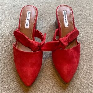 Chelsea & Violet Molly Leather Suede Bow Knotted Mules Holiday 6.5 Postbox Red